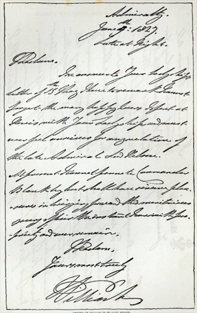 Detail of Letter from William IV to Lady Nelson, 1827, published in 'Leisure House', 1891 by English School
