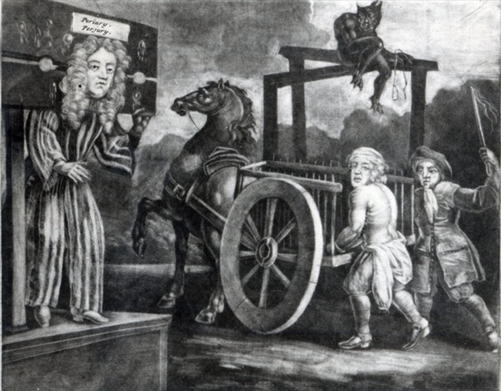 Detail of Titus Oates on the third day of his punishment in 1685, when he was stripped, tied to a cart and whipped from Aldgate to Newgate by English School