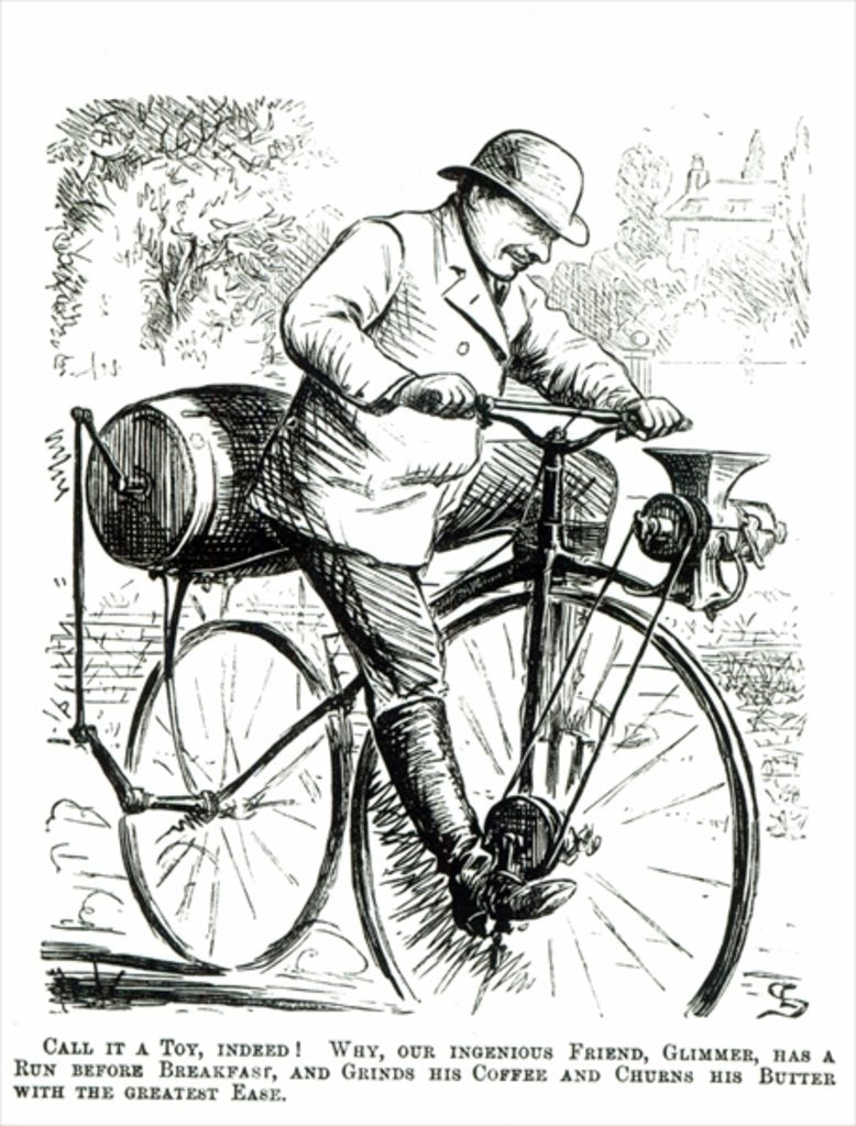 Detail of Cartoon making fun of the early days of Bicycles by English School