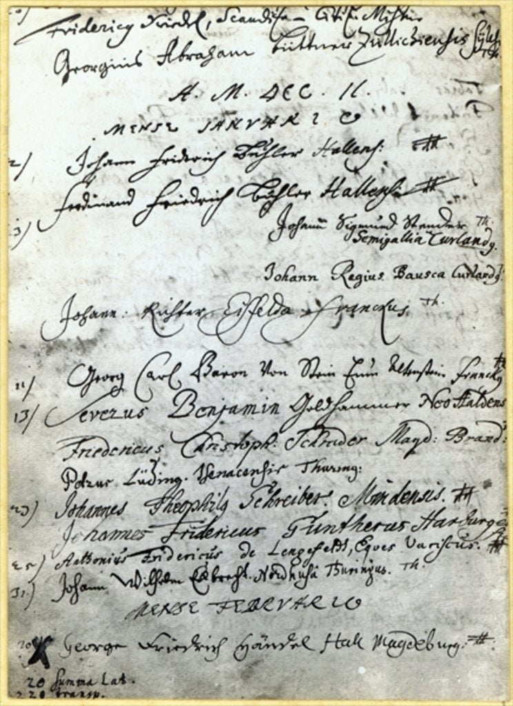 Detail of Entry in the Halle University records, showing Handel's name, 1702 by German School