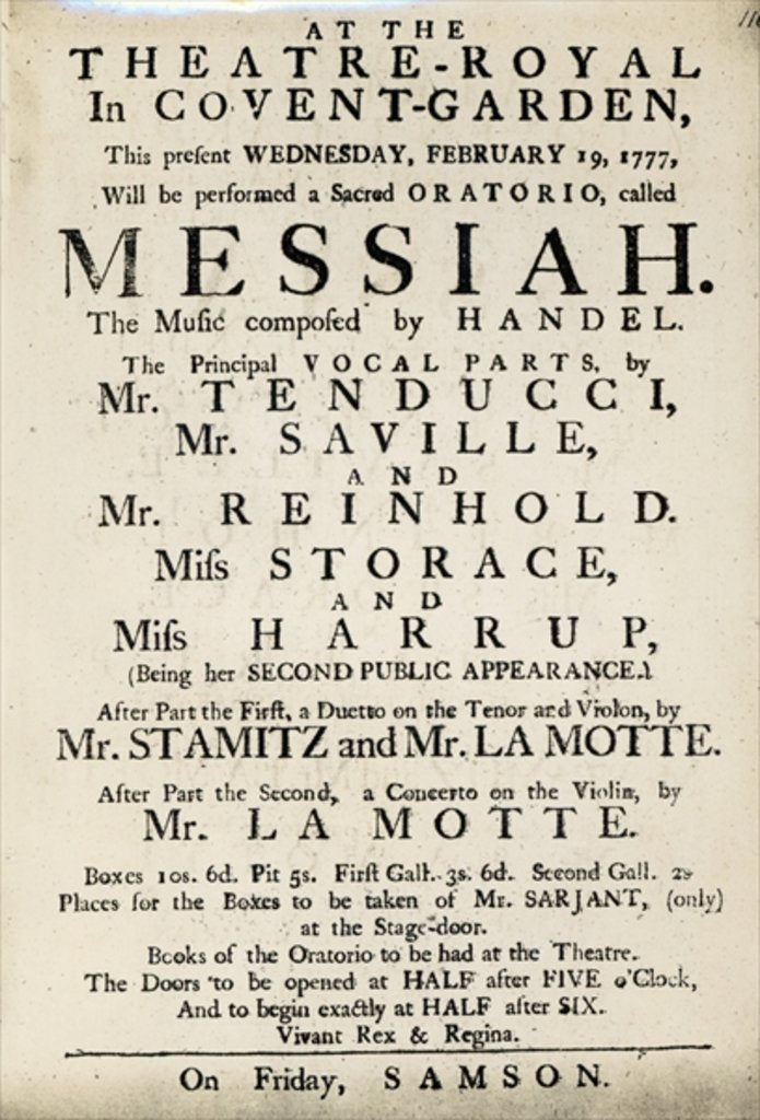 Detail of Playbill advertising a performance of Handel's Oratorio, 'Messiah' in 1777 by English School