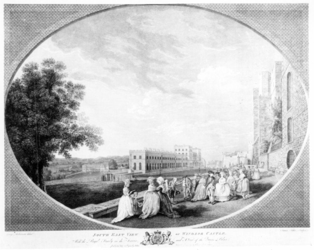 Detail of South East view of Windsor Castle, with the Royal Family on the terrace and a view of the Queen's Palace by George (after) Robertson