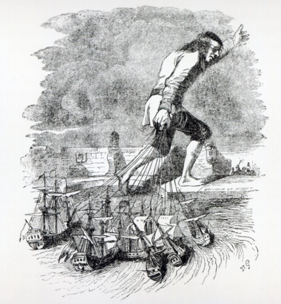 Detail of Gulliver stealing the Blefuscudian fleet by Grandville