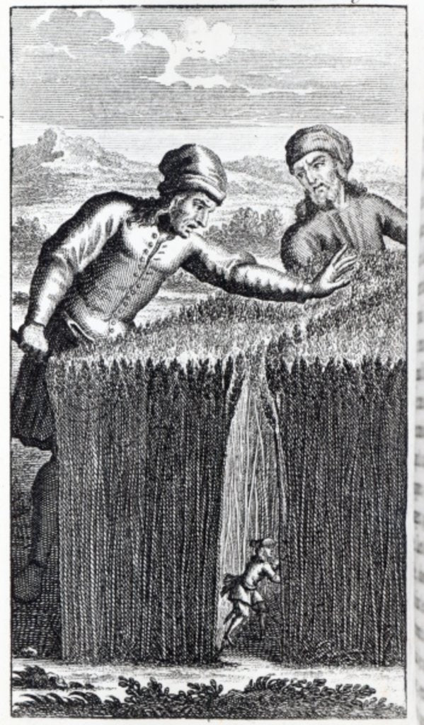 Detail of Gulliver is discovered by a farmer in Brobdingnag by English School
