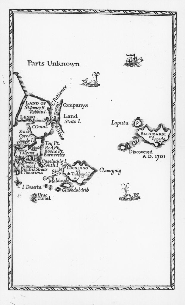 Detail of Map of Laputa, Balnibari, Luggnagg, Glubbdubdrib and Japan by English School