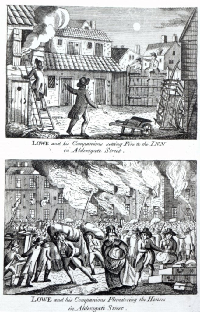 Detail of Edward Lowe and his companions setting fire to the inn on Aldersgate Street and plundering the houses by English School