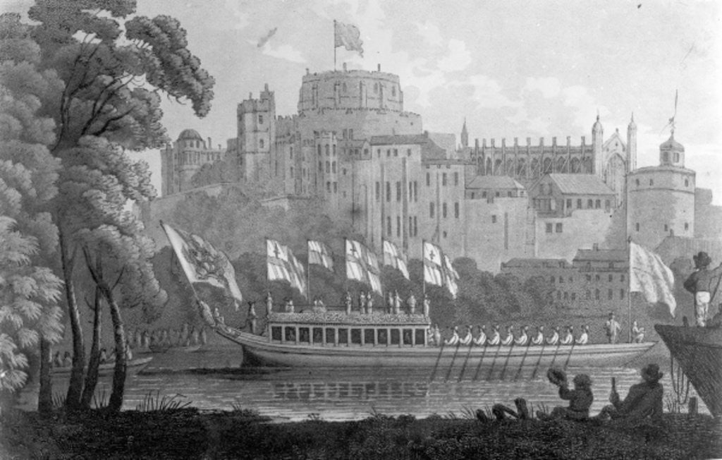 Detail of City of London State Barge moving up the River Thames, in front of Windsor Castle, on it's way to Oxford, after a watercolour of 1812 by English School