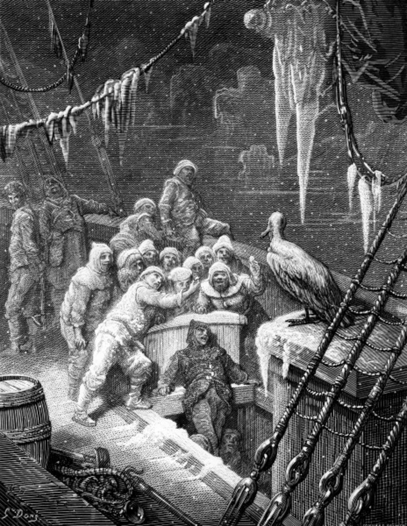 Detail of The albatross being fed by the sailors on the the ship marooned in the frozen seas of Antartica by Gustave Dore