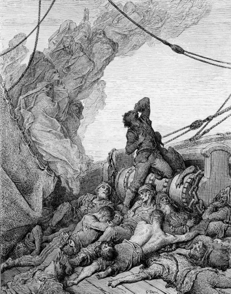 Detail of The Mariner, surrounded by the dead sailors, suffers anguish of spirit by Gustave Dore