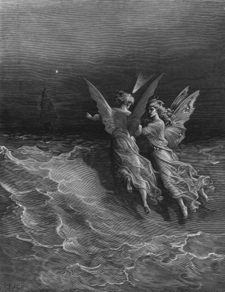 Detail of The two fellow spirits of the Spirit of the South Pole ask the question why the ship travels so swiftly without the help of wind or sea by Gustave Dore