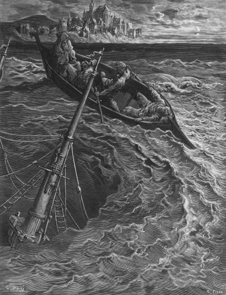 Detail of The ship sinks but the Mariner is rescued by the Pilot and Hermit by Gustave Dore