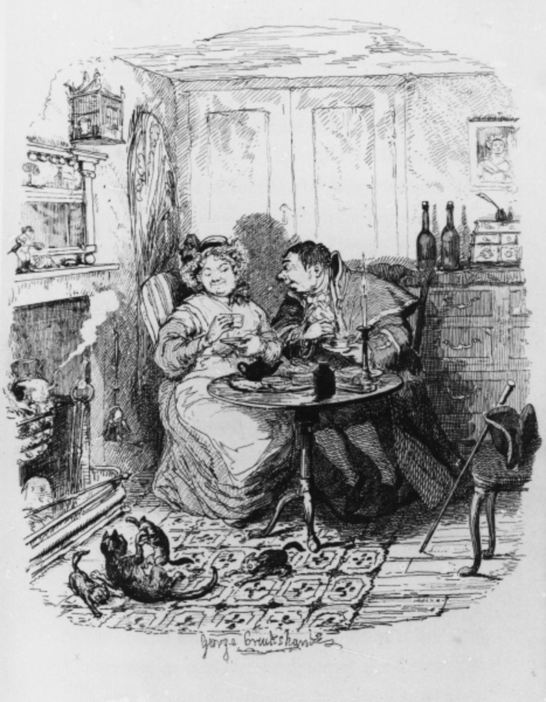 Detail of Mr Bumble and Mrs Corney taking tea by George Cruikshank