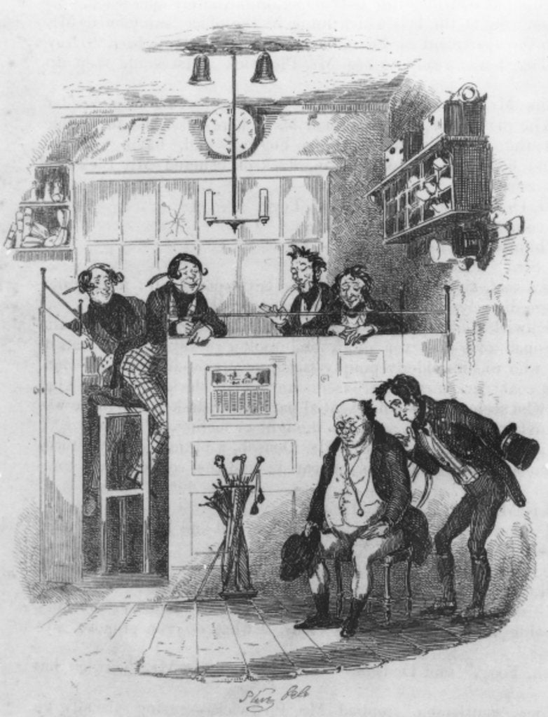 Detail of Mr. Pickwick and Sam in the attorney's office by Hablot Knight Browne