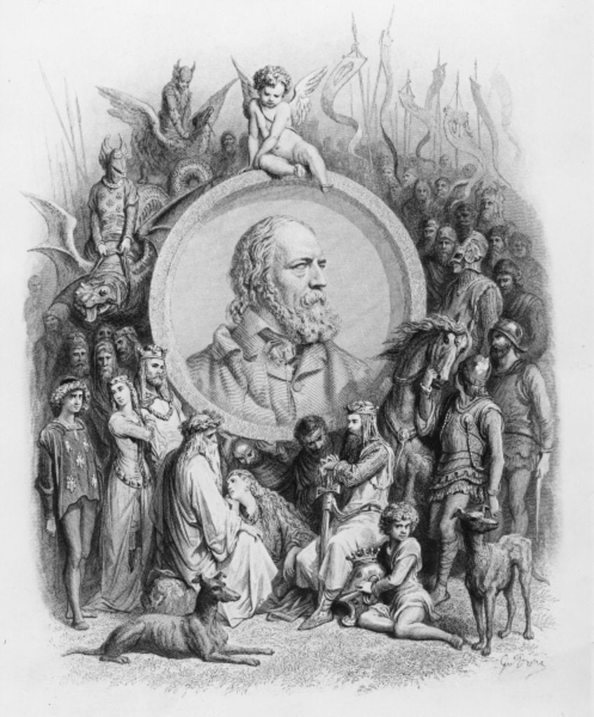 Detail of Frontispiece to 'Idylls of the King' with a portrait of Alfred, Lord Tennyson by Gustave Dore