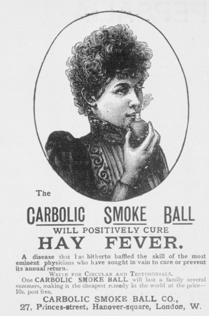 Detail of Advertisement for the Carbolic Smoke Ball, a cure for hay fever by English School