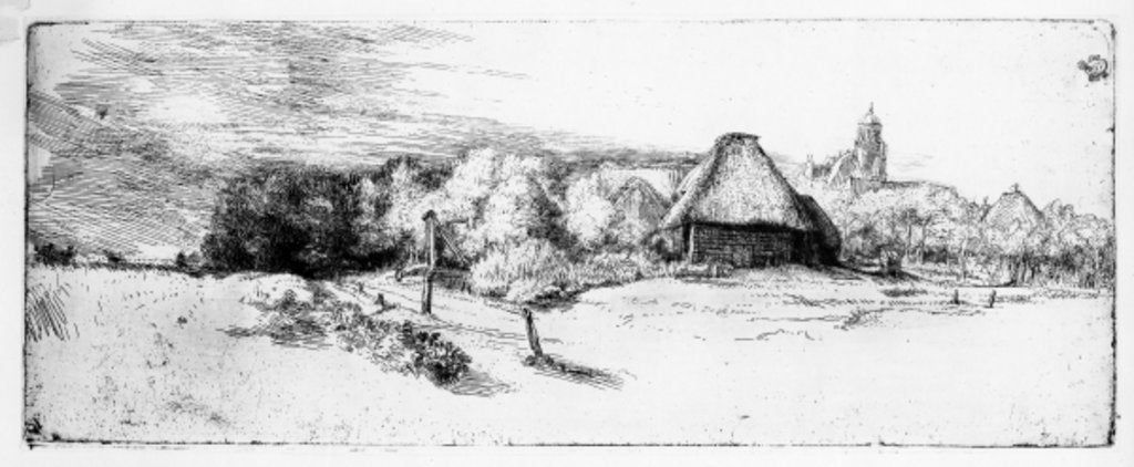Detail of Landscape with a tower, c.1651 by Rembrandt Harmensz. van Rijn