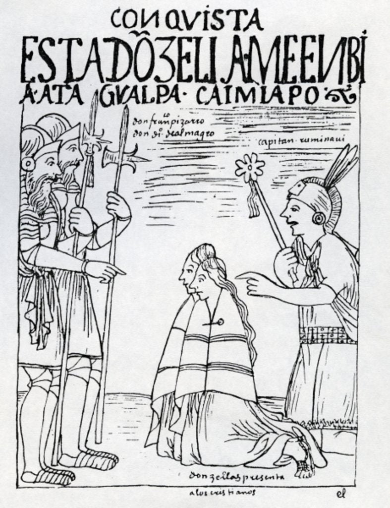 Detail of Captain Ruminavi presents Francisco Pizarro and Diego de Almagro with two women by Felipe Huaman Poma de Ayala