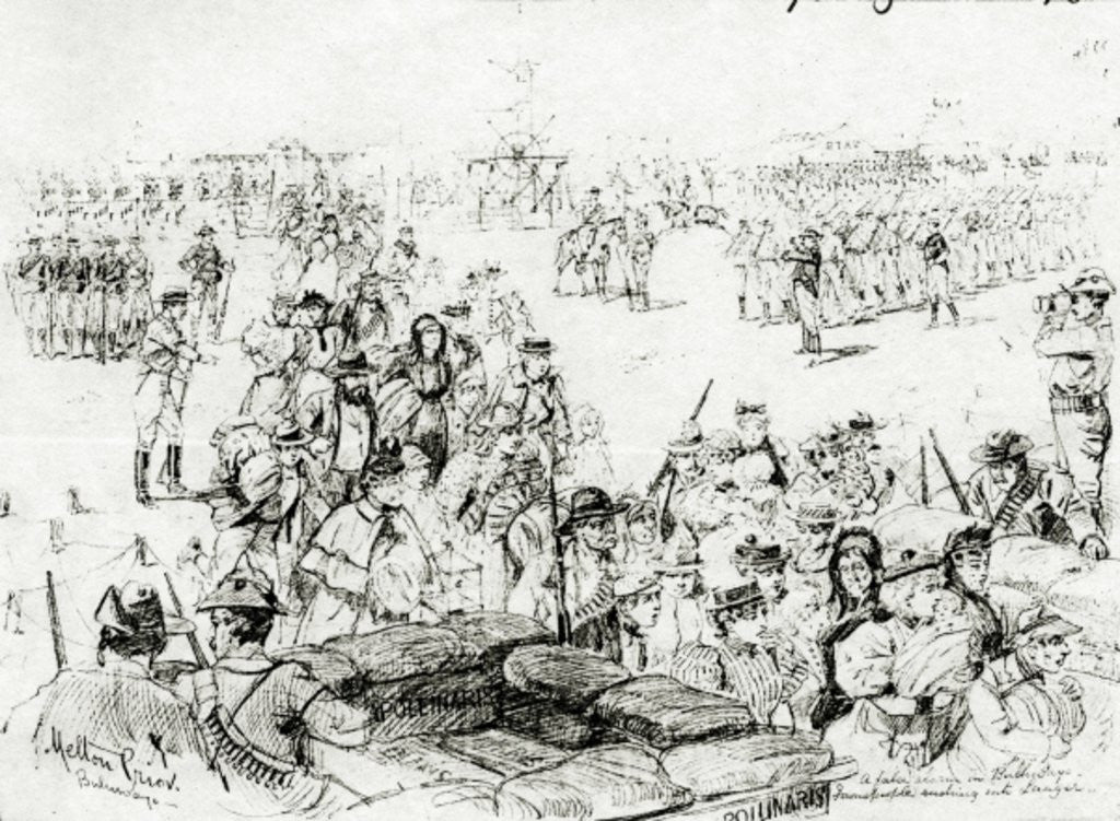 Detail of The Matabele Insurrection: A false alarm in Bulawayo, townspeople rushing into Laager by Melton Prior