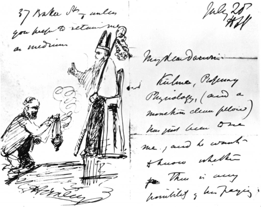 Detail of A letter from Thomas Henry Huxley to Charles Darwin, with a sketch of Darwin as a bishop or saint, July 20th, 1868 by Thomas Henry Huxley