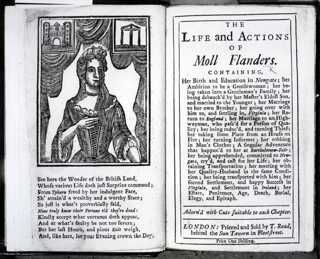 Detail of Frontispiece and Title page for 'The Life and Actions of Moll Flanders' by Daniel Defoe, published 1723 by English School