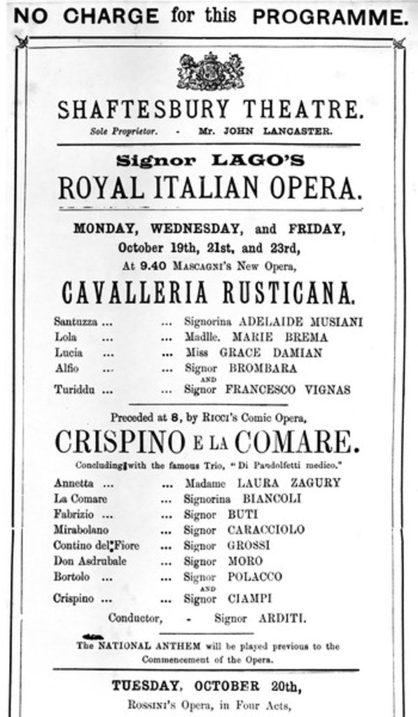 Detail of Playbill advertising a performance of 'Cavalleria Rusticana' and 'Crispino e la Comare' at the Shaftesbury Theatre by English School
