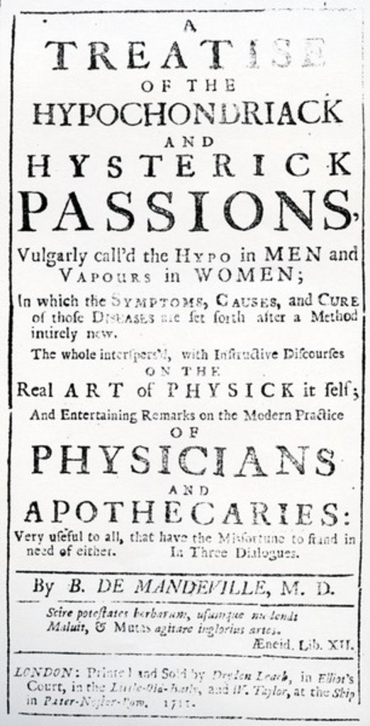 Detail of Title page for 'A Treatise of the Hypochondriack and Hysterick Passions' by Bernard de Mandeville, published 1711 by English School