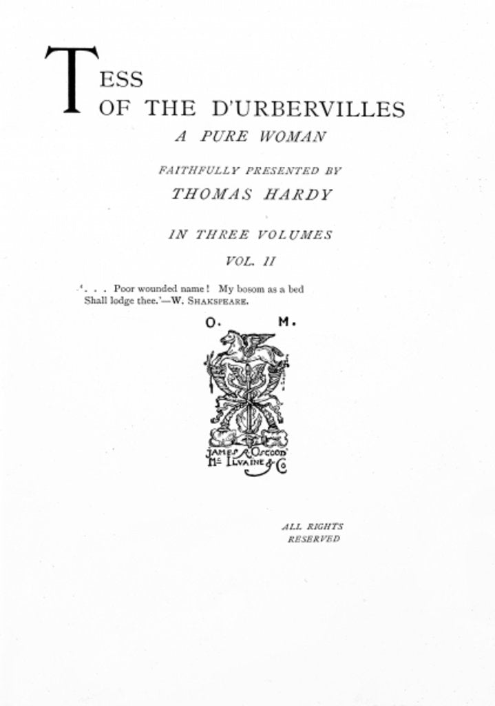Detail of Title page to 'Tess of the D'Urbervilles' by Thomas Hardy, edition published in 1892 by English School