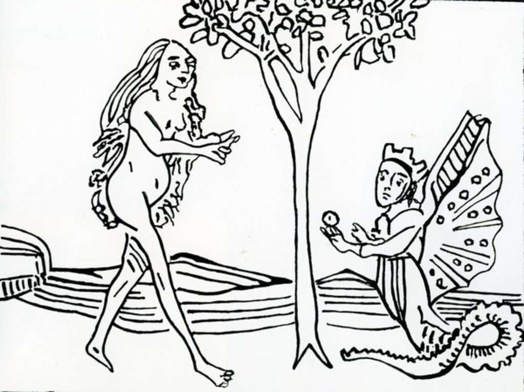 Detail of Lilith, winged and crowned, with serpent’s tail, offers the apple to Eve by German School