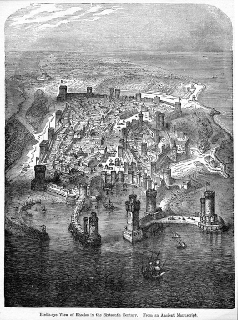 Detail of Bird's-eye View of Rhodes in the Sixteenth Century, from an Ancient Manuscript by (after) English School