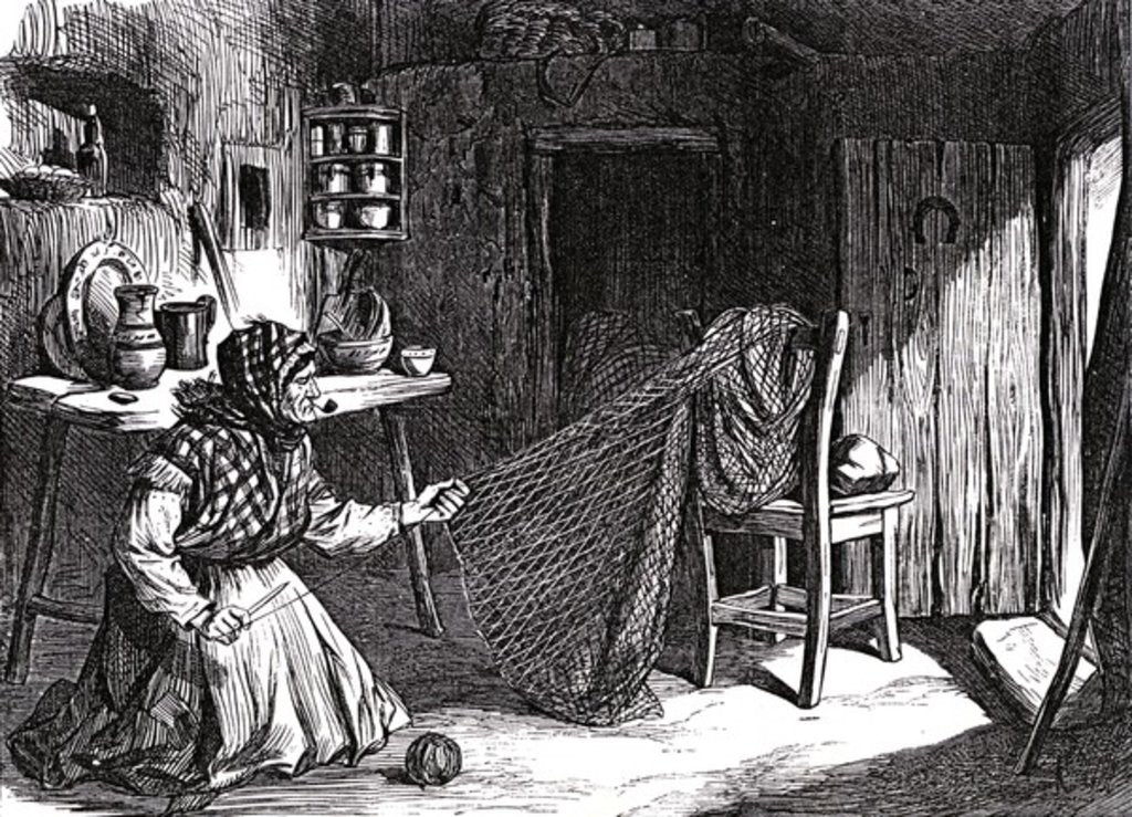 Detail of Sketches from Ireland : Woman making nets in the Claddagh, Galway by English School