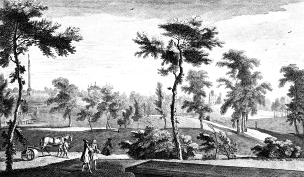 Detail of A View from the Grecian Temple to Lord Cobham's Pillar, Stowe House Gardens, engraved by George Bickham, 1753 by Jean Baptiste Claude Chatelain