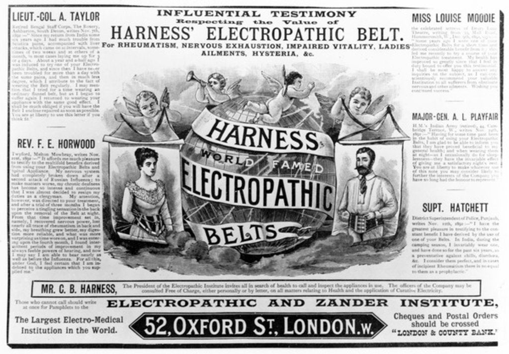 Detail of Advertisement for 'Harness world famed Electropathic Belts', c.1890 by English School