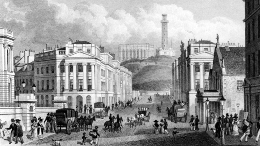 Detail of Waterloo Place, The National and Nelson's Monuments and Calton Hill, Edinburgh by Thomas Hosmer Shepherd