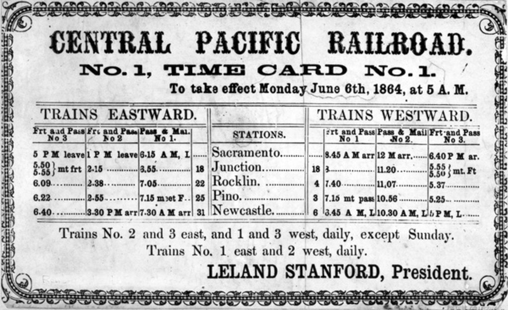 Detail of Photographic print of the Central Pacific Railroad Company's original timetable for 6th June 1864, 1864 by American School