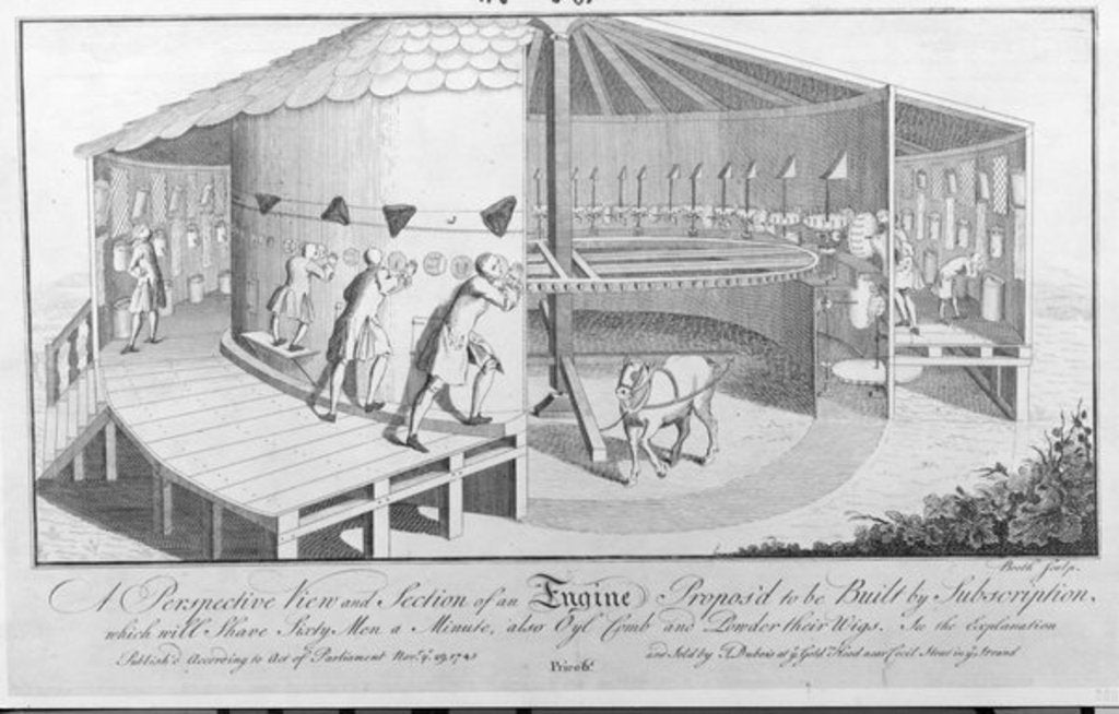 Detail of A Perspective View and Section of an Engine Propos'd to be Built by Subscription which will shave Sixty Men a Minute, also Oyl comb and Powder their Wigs by English School