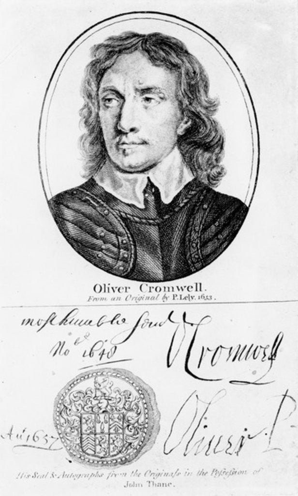 Detail of Portrait of Oliver Cromwell from an original by Peter Lely of 1653, and his seal and autographs by English School