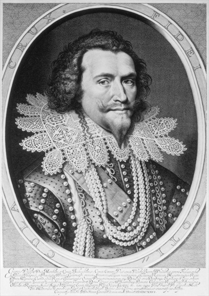 Detail of Portrait of George Villiers, 1st Duke of Buckingham engraved by Willem Jacobsz. Delff 1626 by Michiel Jansz. van (studio of) Miereveld