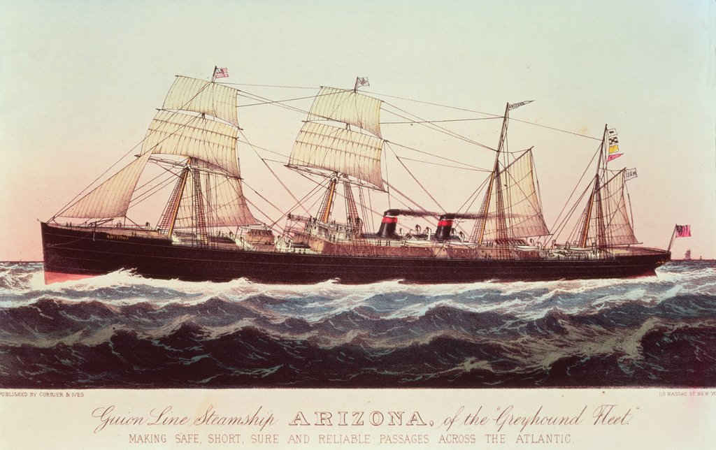 Detail of Guion Line Steamship Arizona, of the 'Greyhound Fleet', making Safe, Short and Reliable Passages across the Atlantic by N. and Ives J.M. Currier