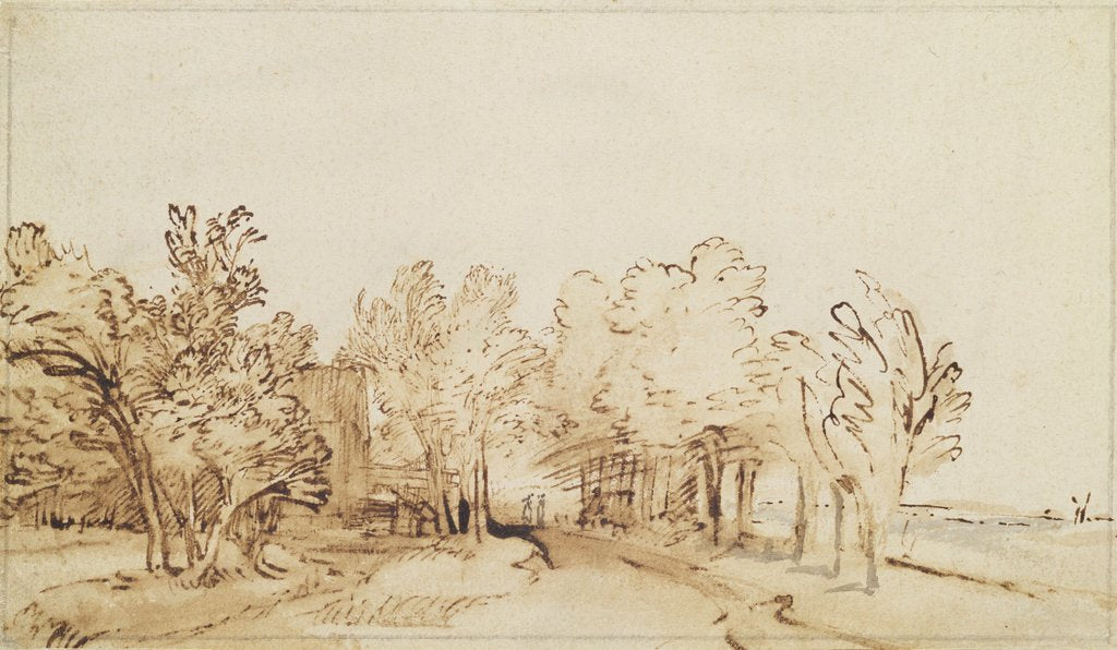 Detail of Avenue with a footpath and a farmhouse on the left by Rembrandt Harmensz. van Rijn