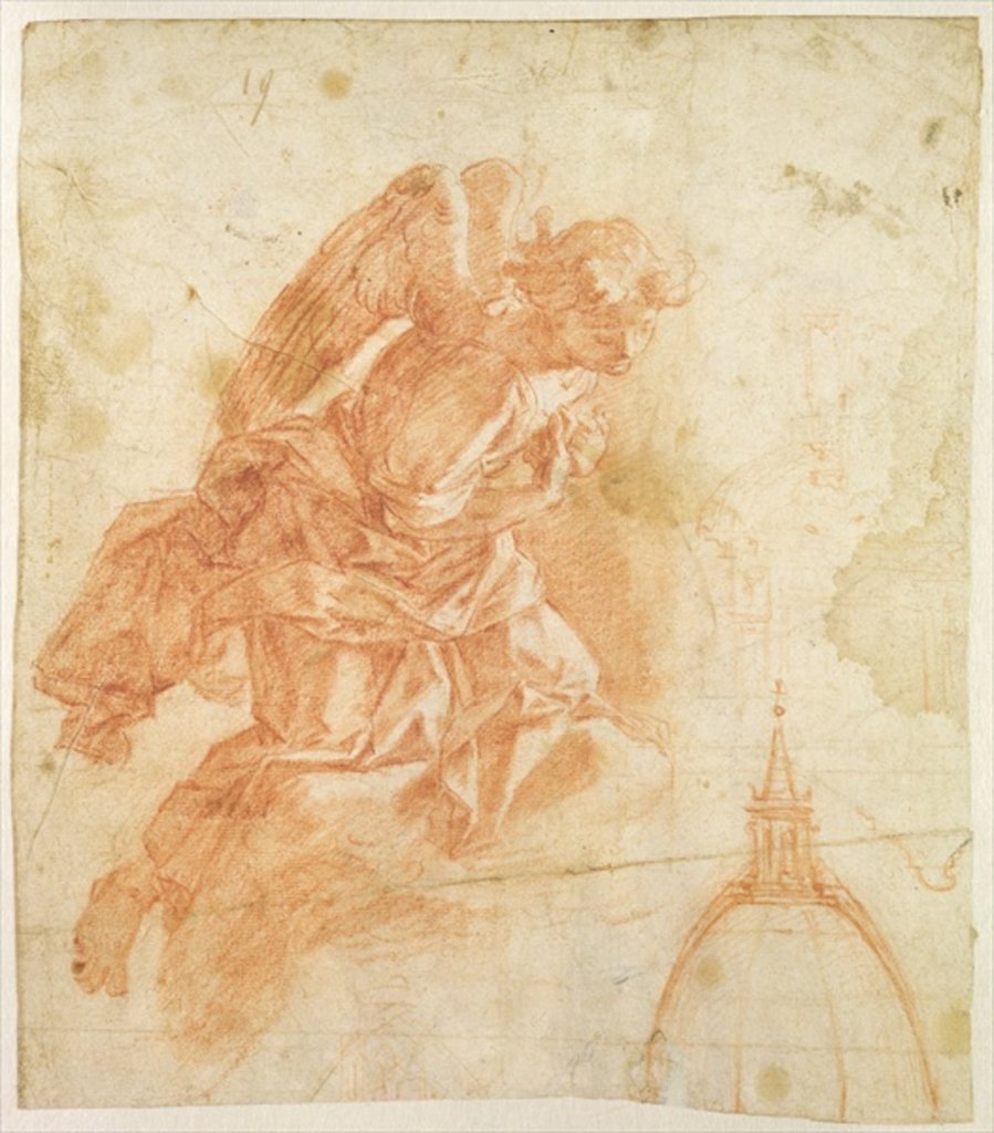Detail of Suspended angel and architectural sketch, c.1600 by Bernardino Barbatelli Poccetti