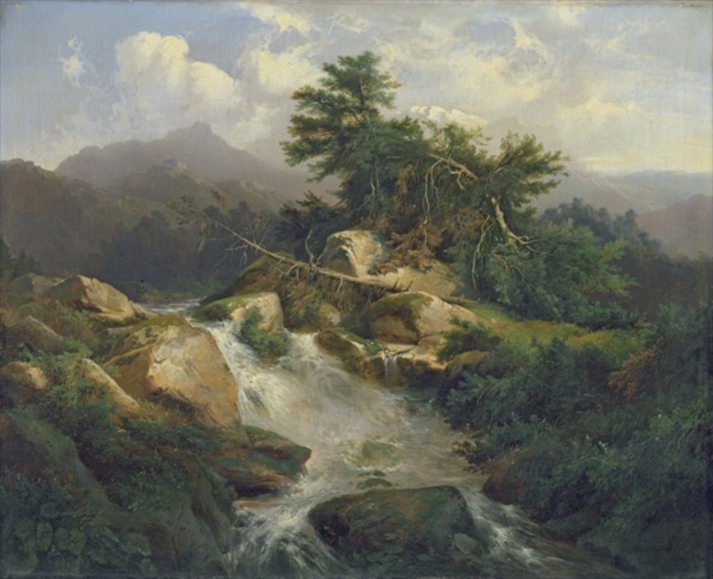 Detail of Forest Landscape with Waterfall by Julius Bakof