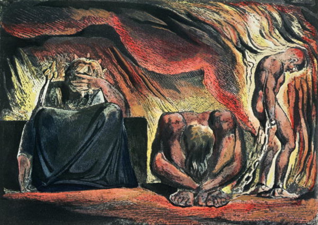 Detail of Jerusalem The Emanation of the Giant Albion; plate 51 Vala, Hyle and Skofeld, showing the crowned Vala crouched in despair with two of her acolytes: Hyle and Scofeld, c.1804-20 by William Blake