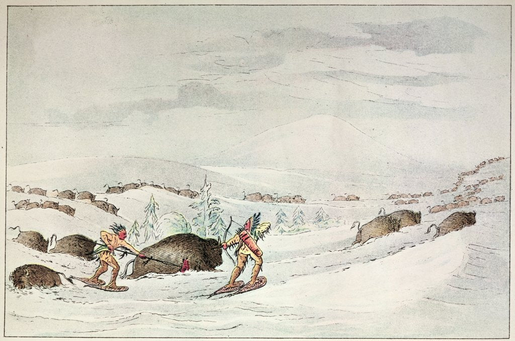 Detail of Hunting buffalo on snow-shoes by George Catlin