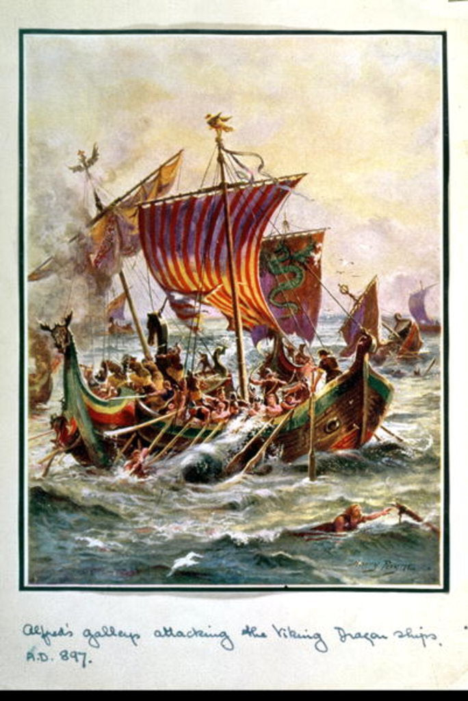 Detail of Alfred's galleys attacking the Viking Dragon ships, 897 AD by Henry A. Payne