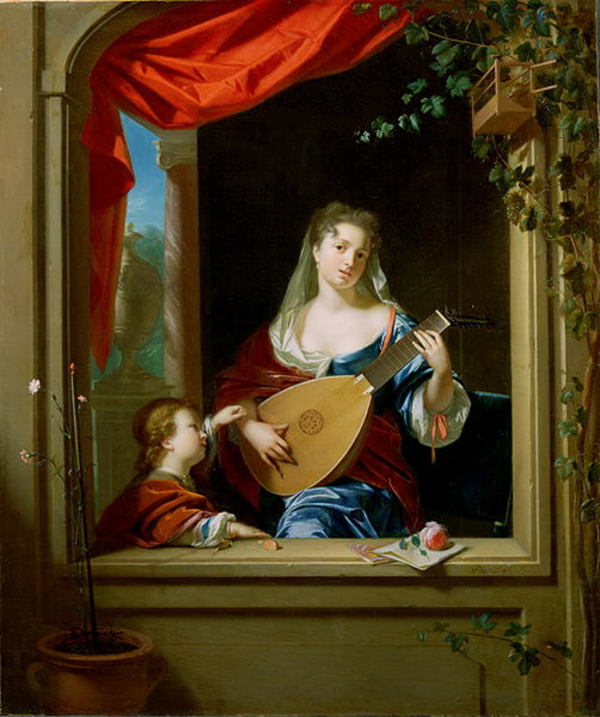 Detail of Elegant Lady Playing the Lute at a Window by Philip van Dyck