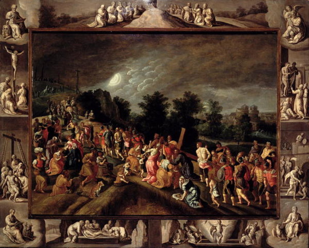 Detail of The Road to Calvary, Depicted in the Central Panel and Scenes from the Crucifixion and Resurrection on the Frame by Gillis Mostaert