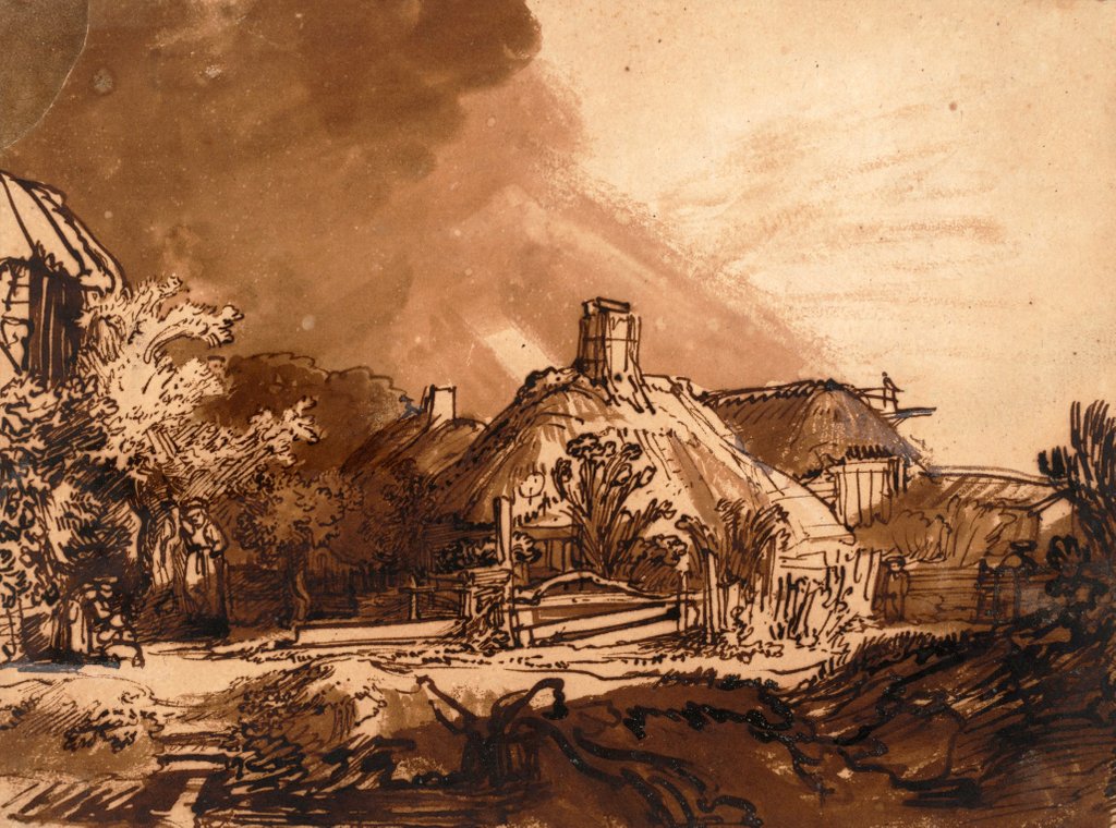 Detail of Cottages before a stormy sky by Rembrandt Harmensz. van Rijn