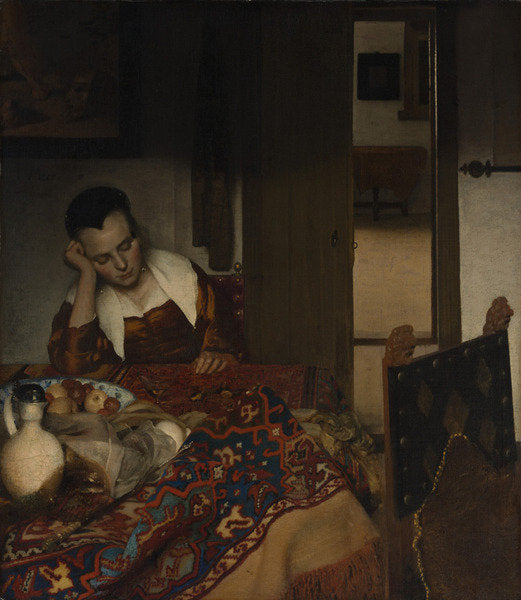Detail of Girl asleep at a table, 1656-57 by Jan Vermeer