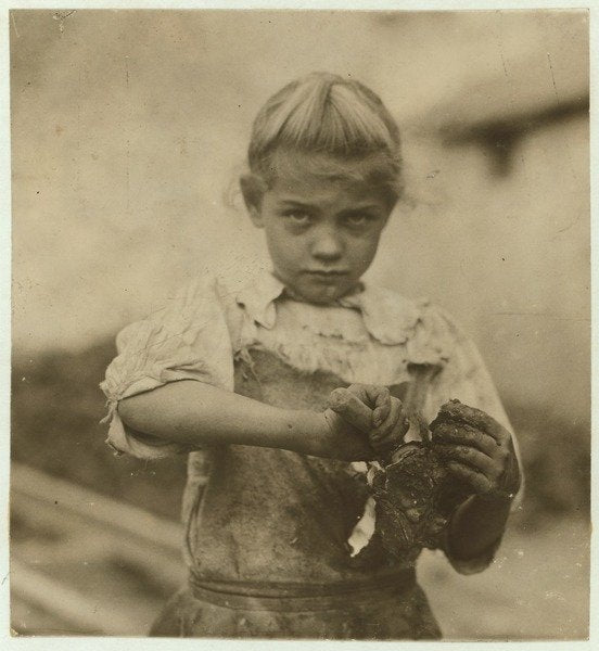 Detail of Rosie, aged 7, illiterate, working for a second year as an oyster shucker at Varn & Platt Canning Company, Bluffton, South Carolina, 1913 by Lewis Wickes Hine