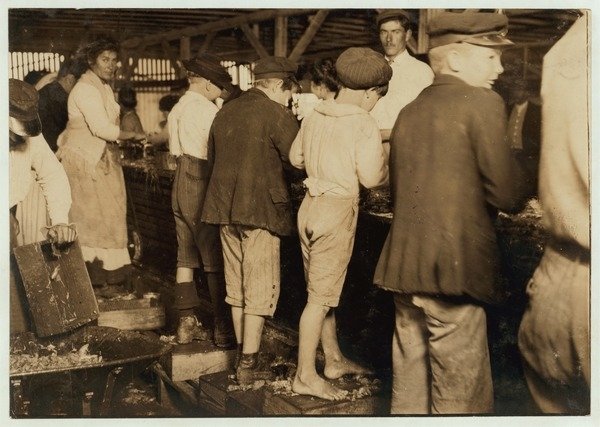 Detail of Shrimp pickers, including 8 year old Max, at Dunbar, Lopez, Dukate Co, Biloxi, Mississippi, 1911 by Lewis Wickes Hine